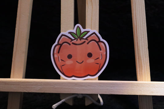 Cartoon-style pumpkin character on a wooden stand with a black background