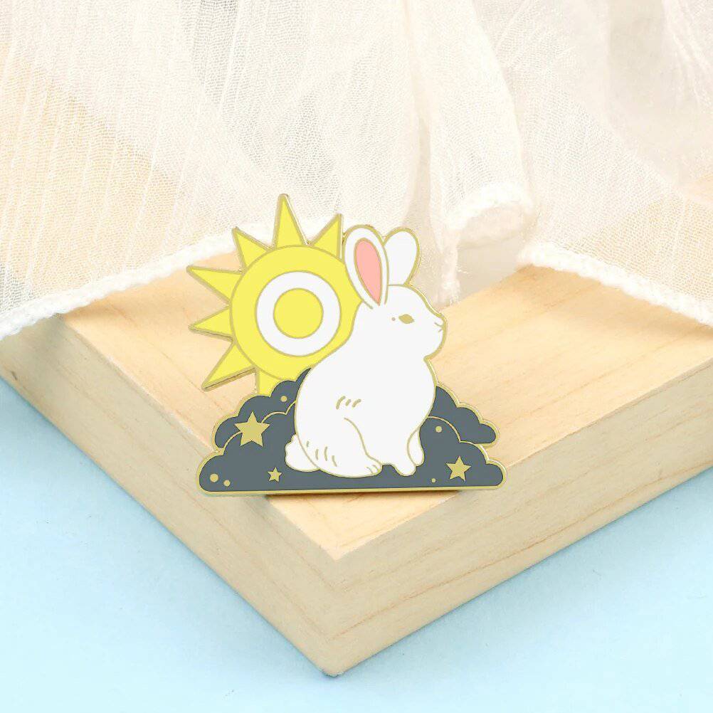 Cute Sitting Rabbit and Cloud Brooch Enamel Pin - Anime Animal Charms - Niyo's Art Shop