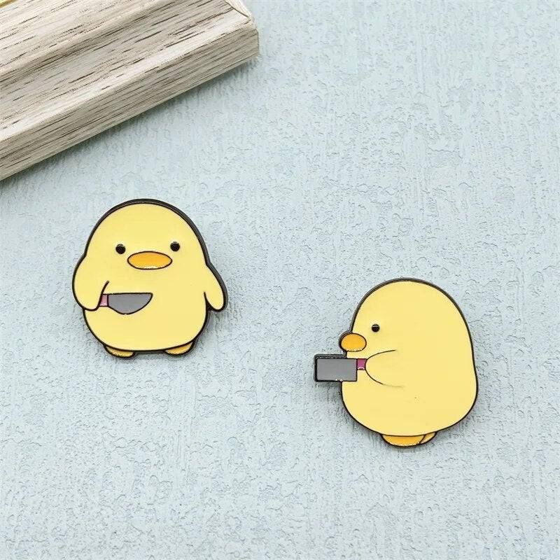 Fun Cartoon Yellow Duck Holding A Knife Enamel Lapel Pin - Creative Personality Gift for Friends - Niyo's Art Shop